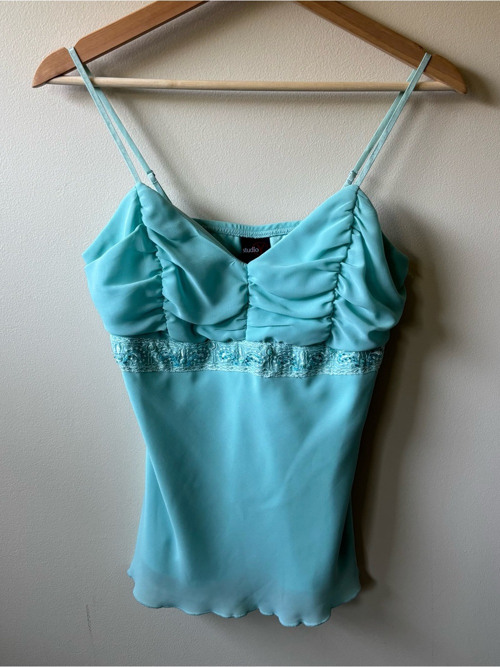 Studio Y Aqua Ruched Beaded Flowy Tank Top